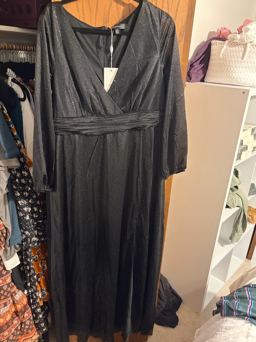 Ever Pretty Black Sparkle Formal Dress - V-Neck Long Sleeve